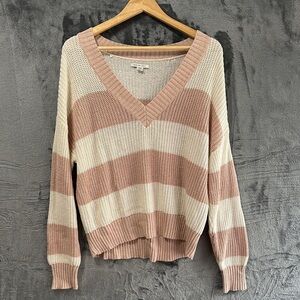 American Eagle Outfitters Size M Striped V-Neck Sweater Cream and Tan